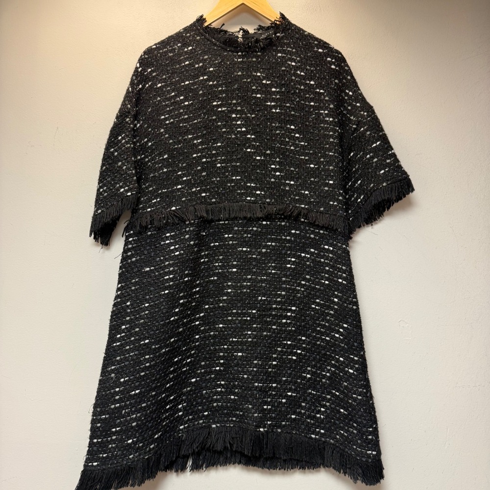 Zara Tweed Mini Dress Womens M Black White Excellent Fringe Trim Shift 15413